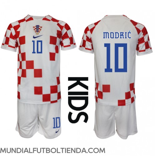Camiseta Croacia Luka Modric #10 Primera Equipación Replica Mundial 2022 para niños mangas cortas (+ Pantalones cortos)